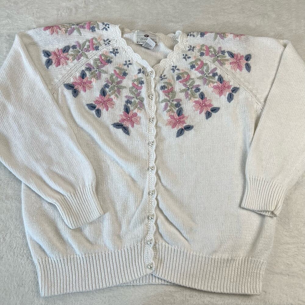 Worthington essentials women’s vintage pastel floral white cardigan sweater sz M